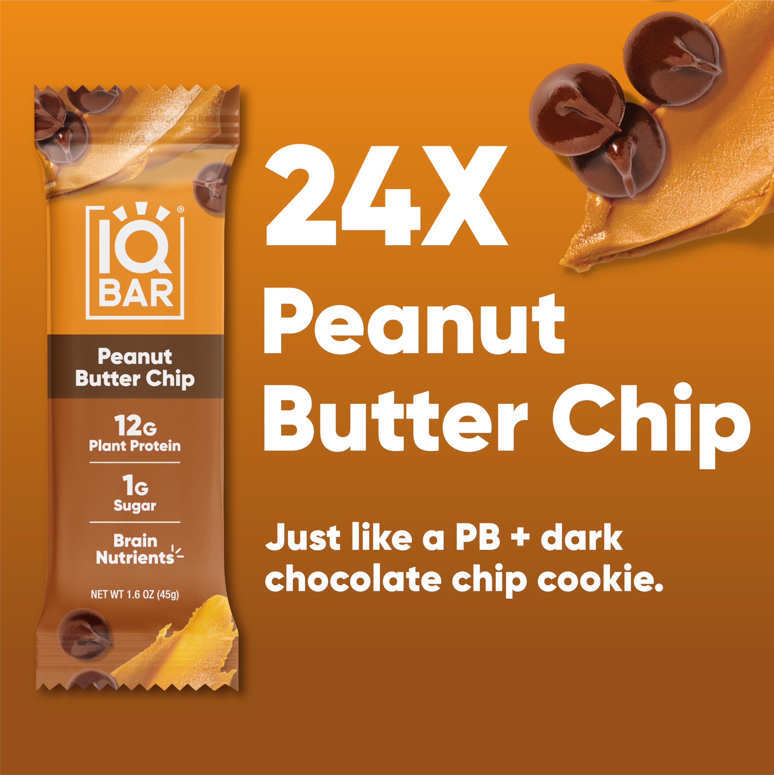 Opened IQBAR Peanut Butter Chip pack reveals chewy texture and nutty flavors