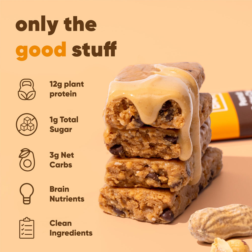 IQBAR Peanut Butter Chip bar on desk ready for a quick breakfast or snack