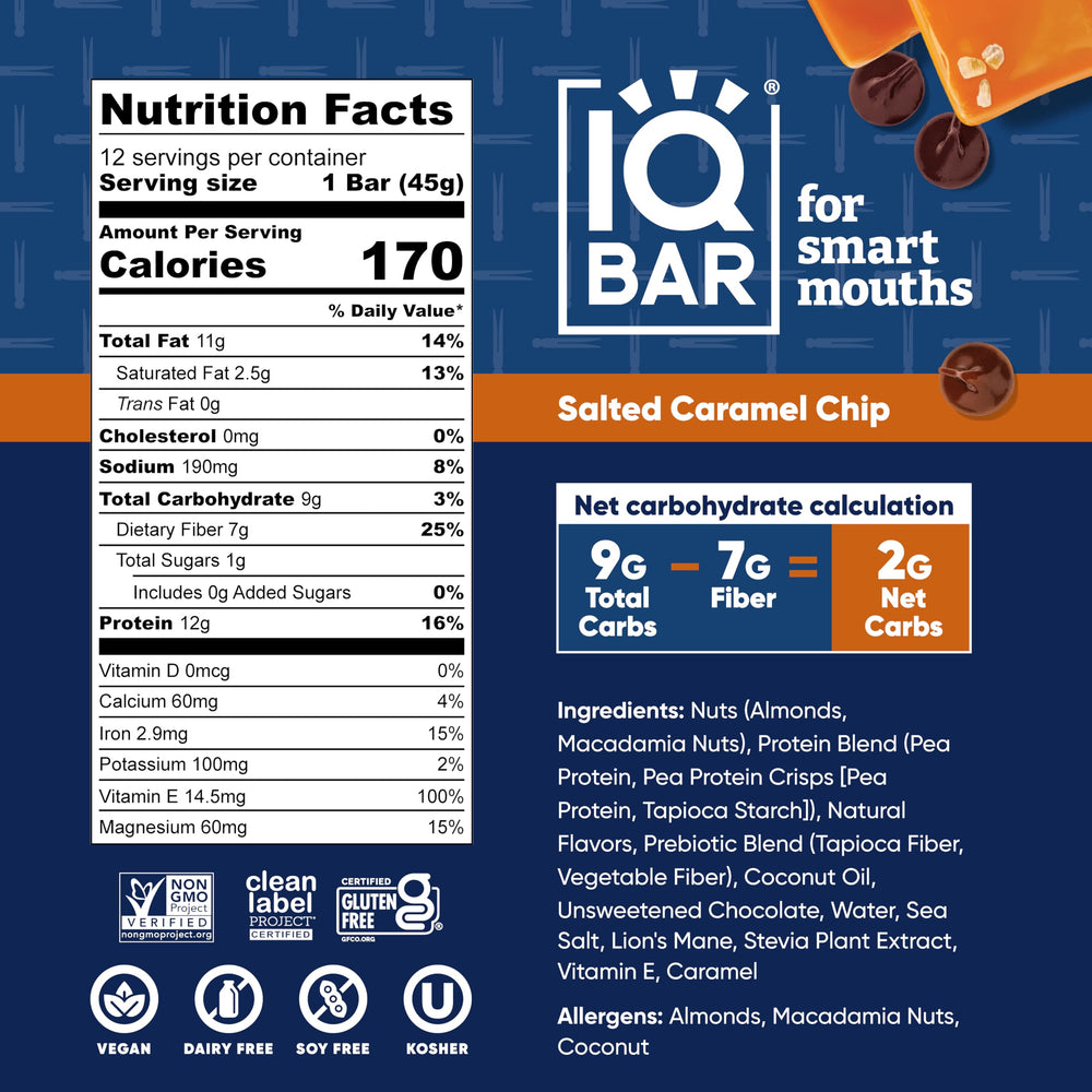 IQBAR Salted Caramel Chip nutrition panel highlights high fiber and balanced macros