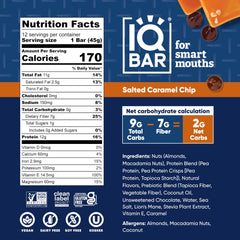 IQBAR Salted Caramel Chip nutrition panel highlights high fiber and balanced macros