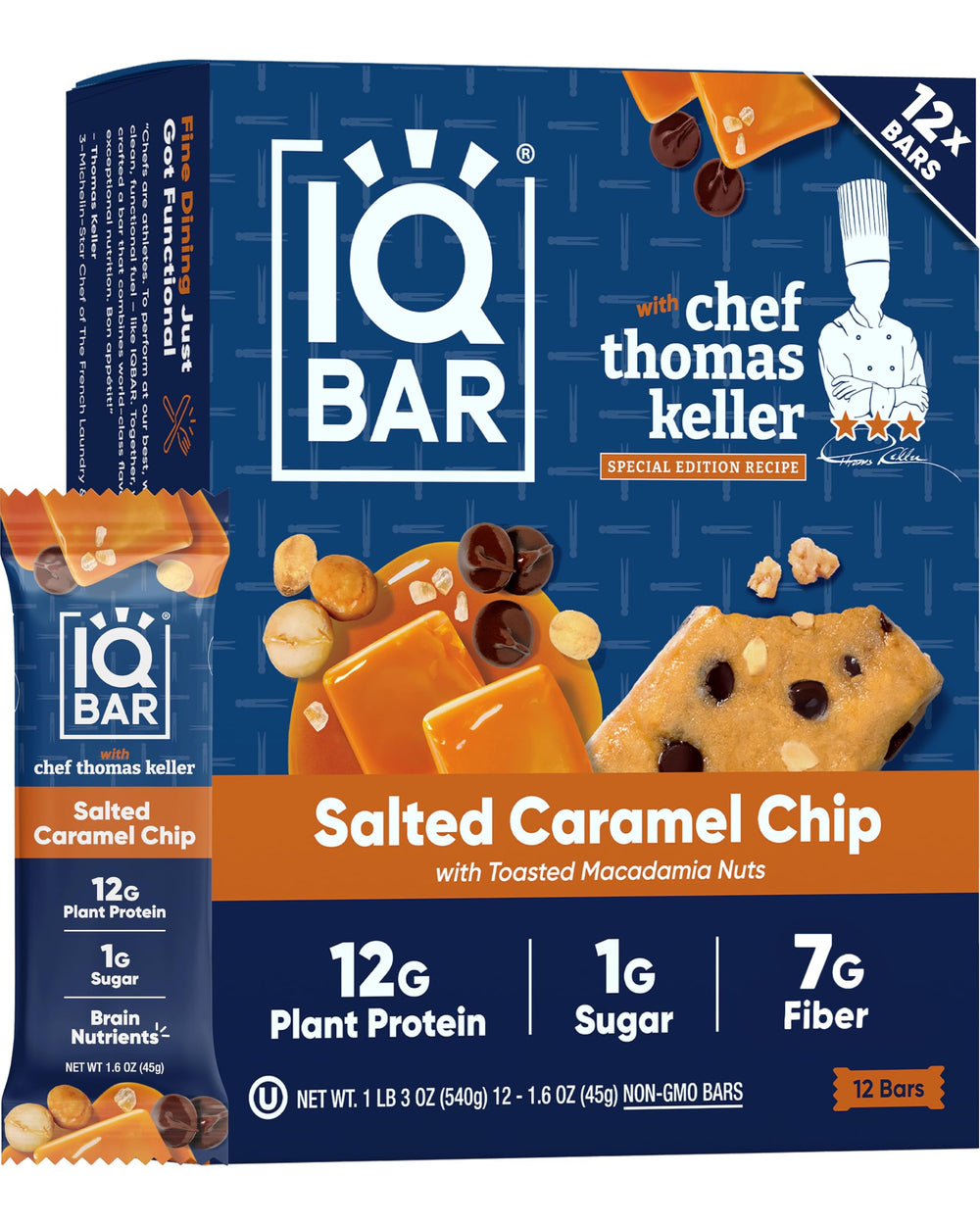 IQBAR Salted Caramel Chip packaging showing clean-label ingredients and keto-friendly balance