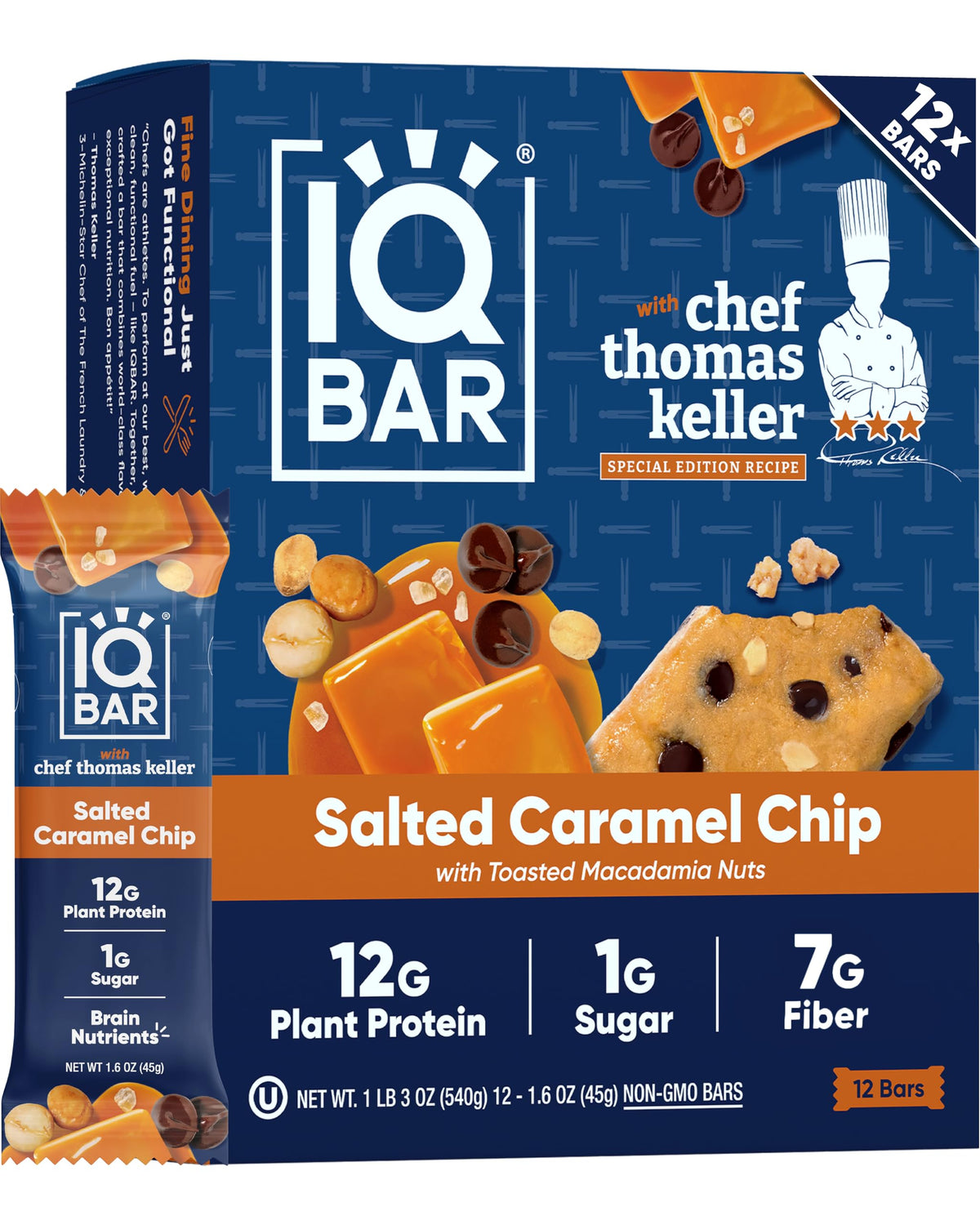 IQBAR Salted Caramel Chip packaging showing clean-label ingredients and keto-friendly balance