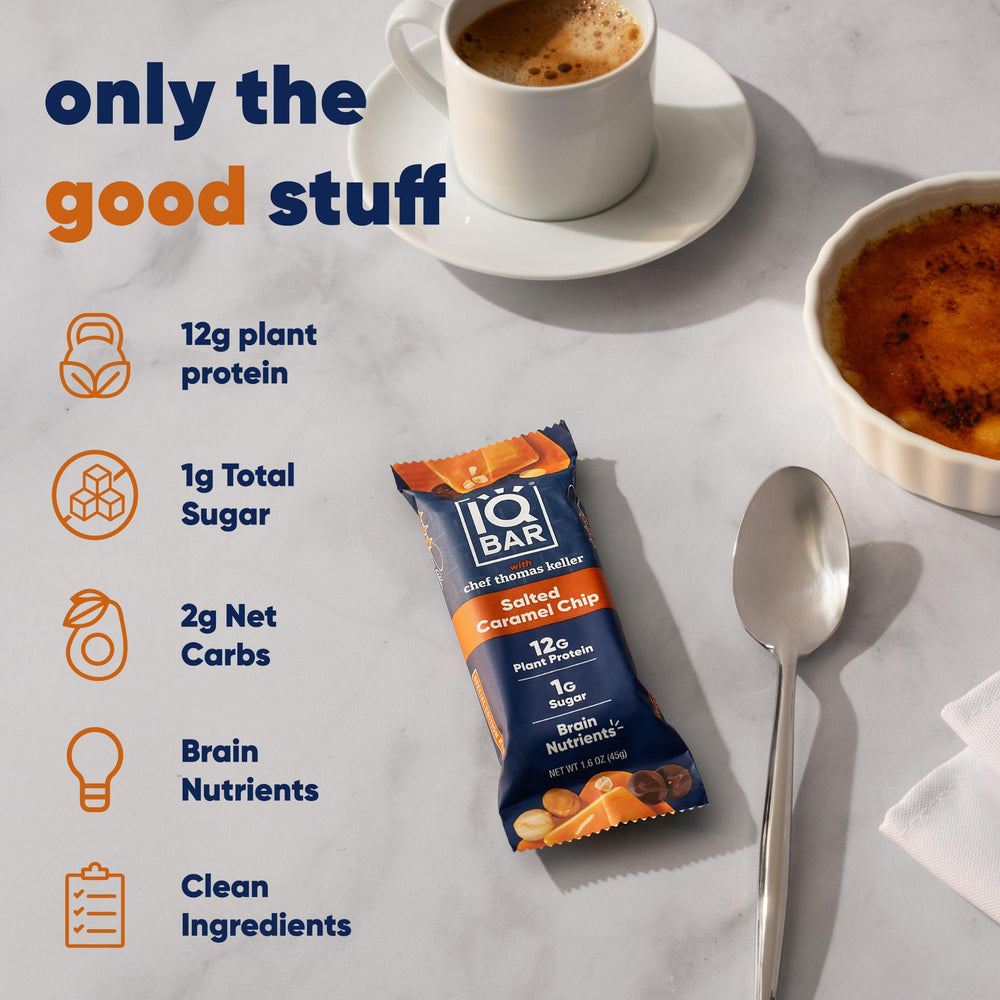 IQBAR Salted Caramel Chip beside coffee for quick breakfast or mid-morning lift