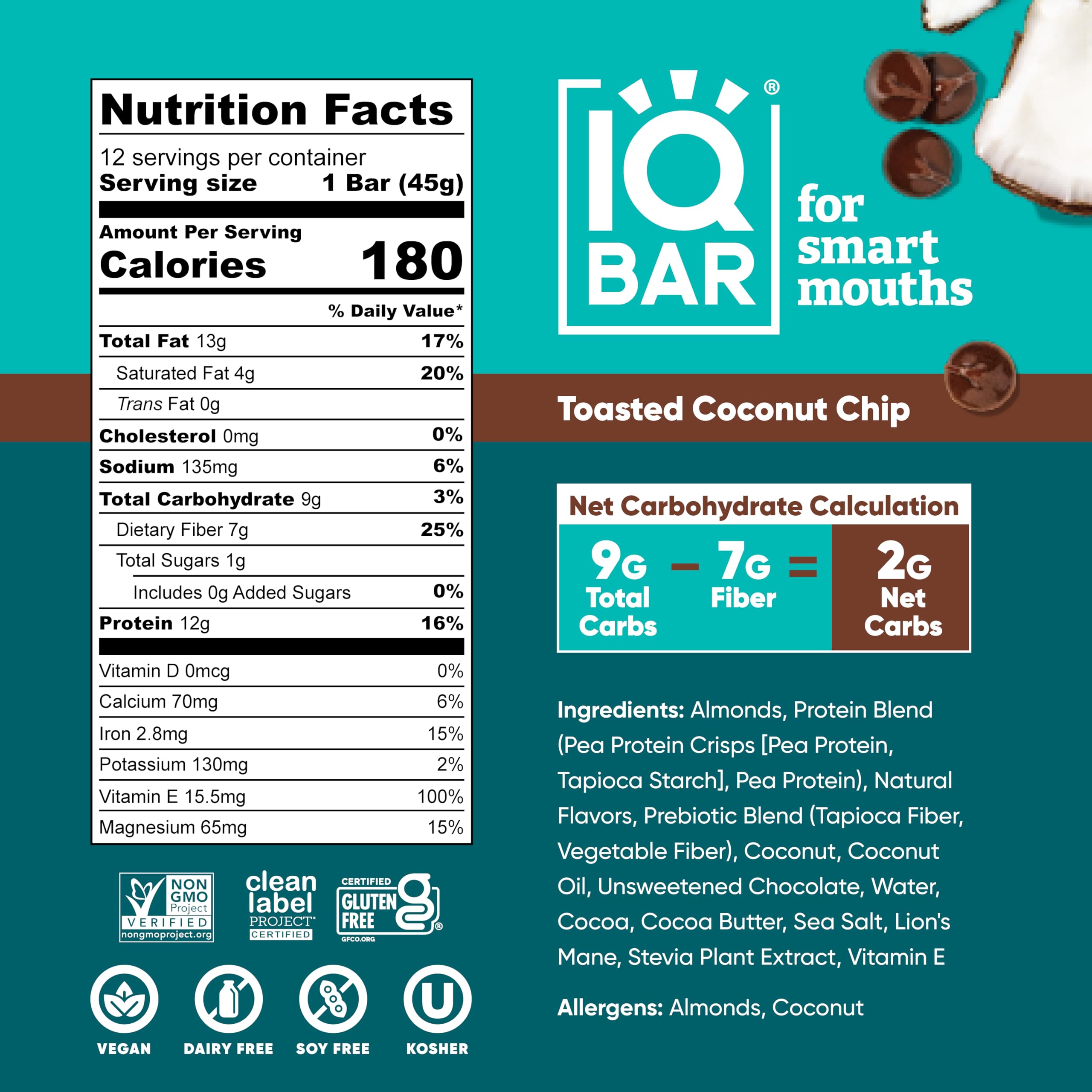 Closeup of IQBAR Toasted Coconut Chip bar showing texture and ingredients