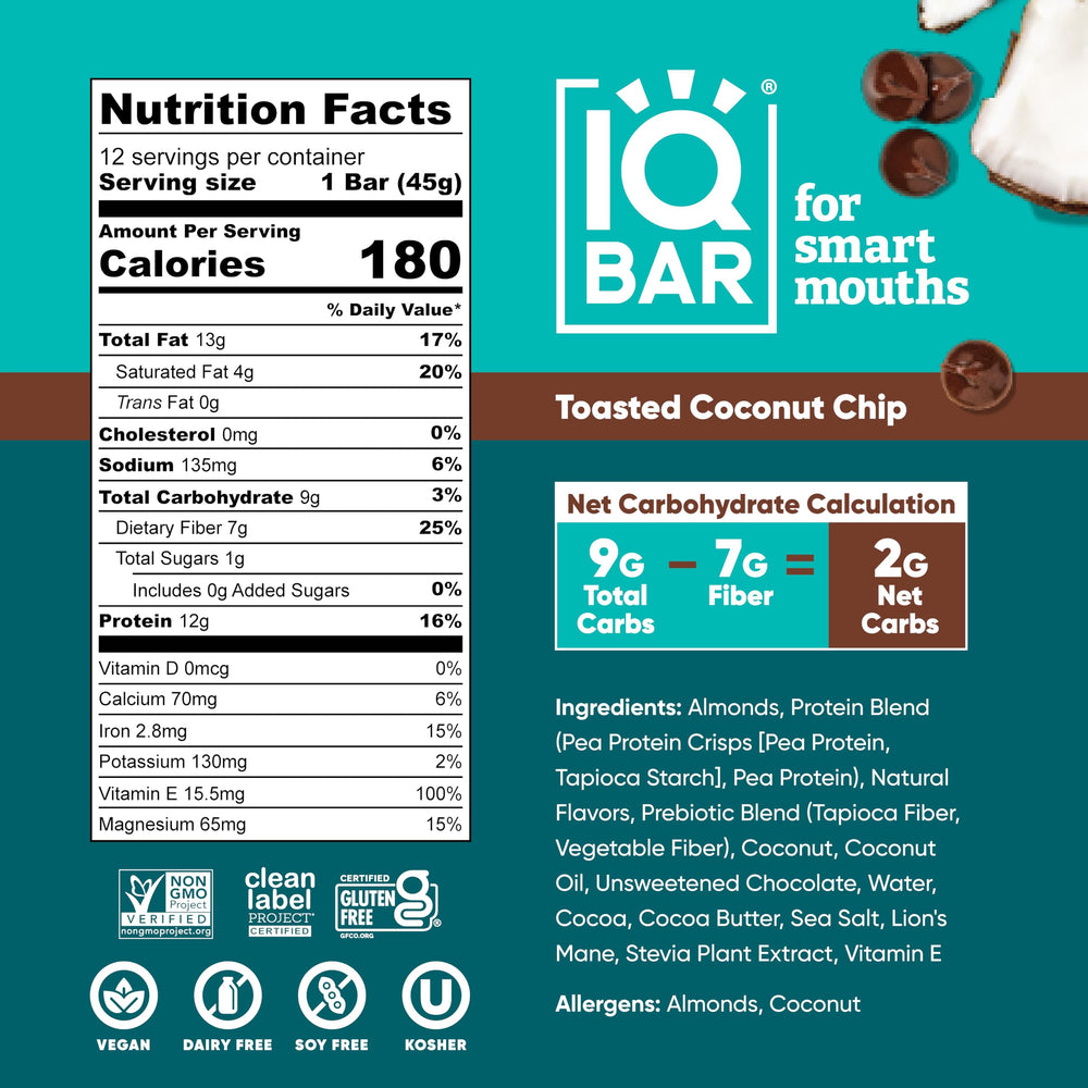 Closeup of IQBAR Toasted Coconut Chip bar showing texture and ingredients