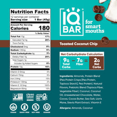 Closeup of IQBAR Toasted Coconut Chip bar showing texture and ingredients