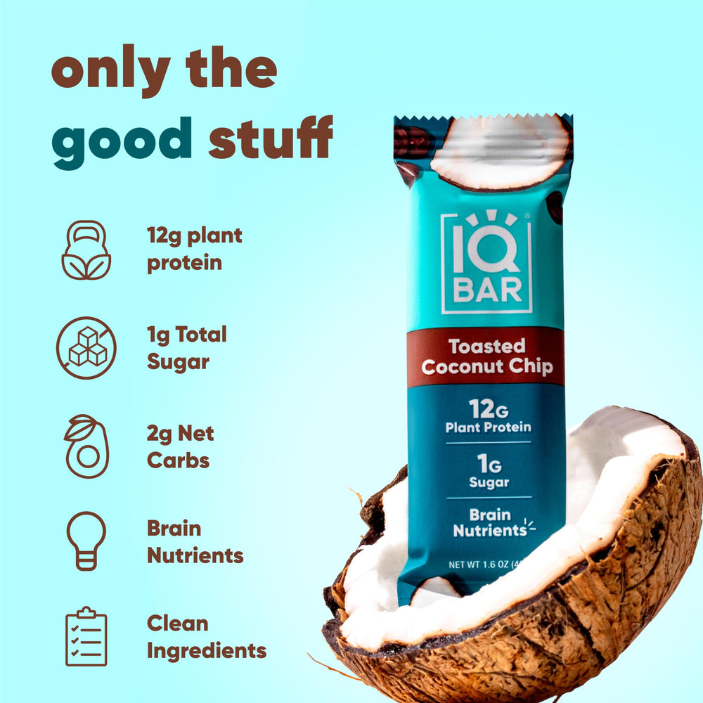 Ingredients of IQBAR Toasted Coconut Chip bar emphasize fiber and MCTs