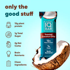 Ingredients of IQBAR Toasted Coconut Chip bar emphasize fiber and MCTs