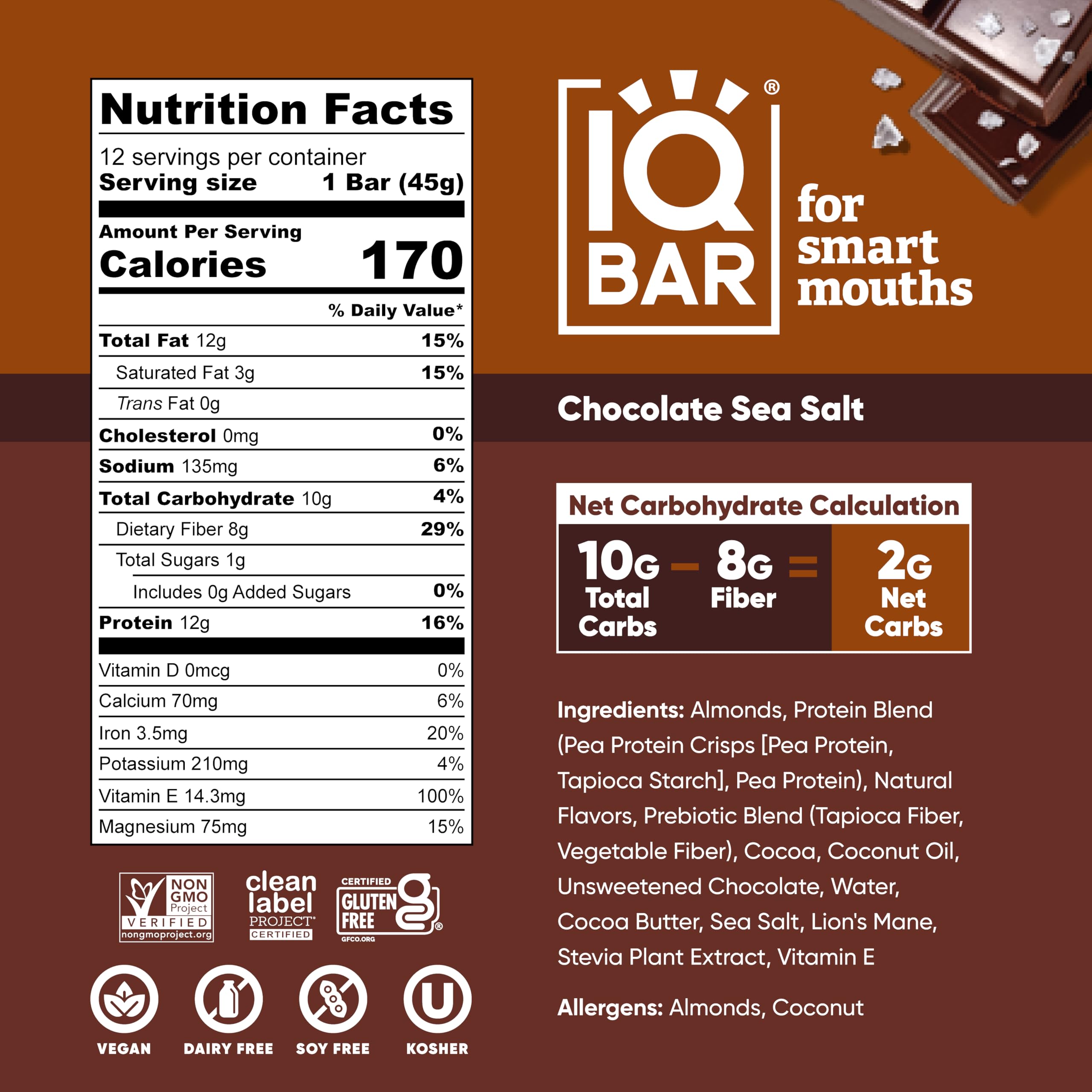 IQBAR chocolate sea salt with other flavors supporting keto and vegan diets