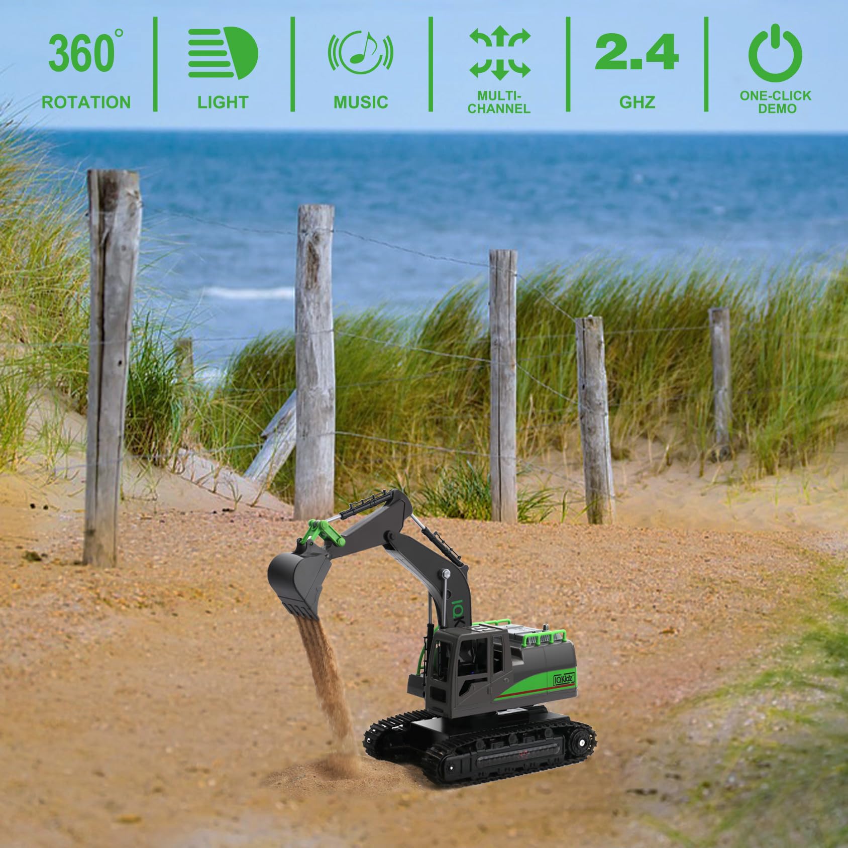 IQKidz excavator cab rotates 360 degrees for easy digging angles