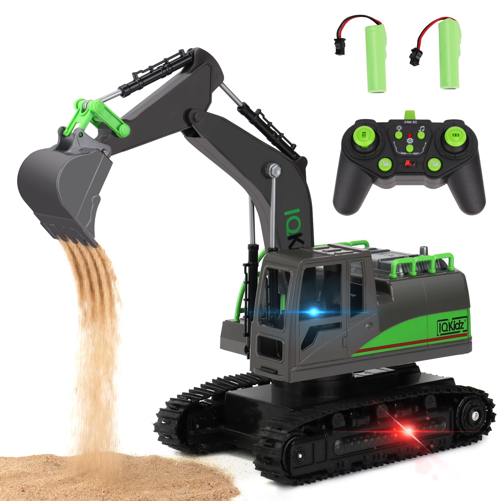 IQKidz remote control excavator toy on rubber tracks ready for outdoor play