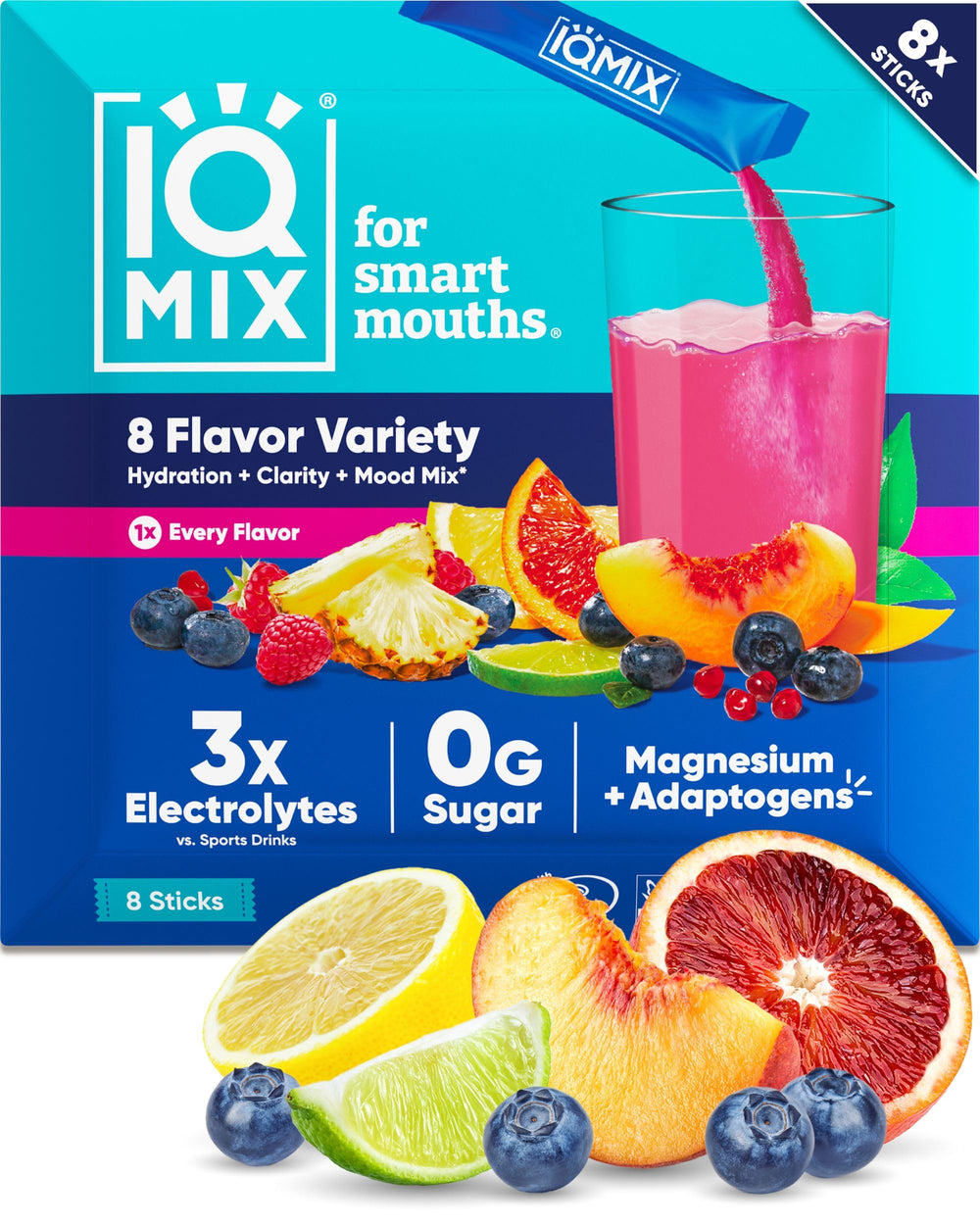 IQMIX hydration electrolyte packet poured for quick hydration and energy