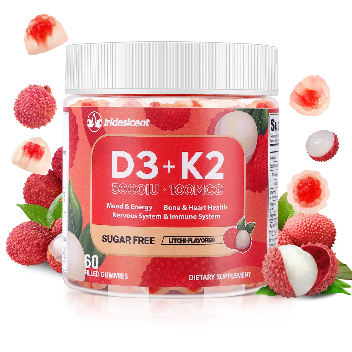 IRIDESICENT D3 K2 lychee bottle promotes daily wellness with a sugar-free vegan formula.