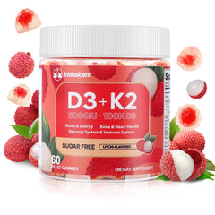 IRIDESICENT D3 K2 lychee bottle promotes daily wellness with a sugar-free vegan formula.