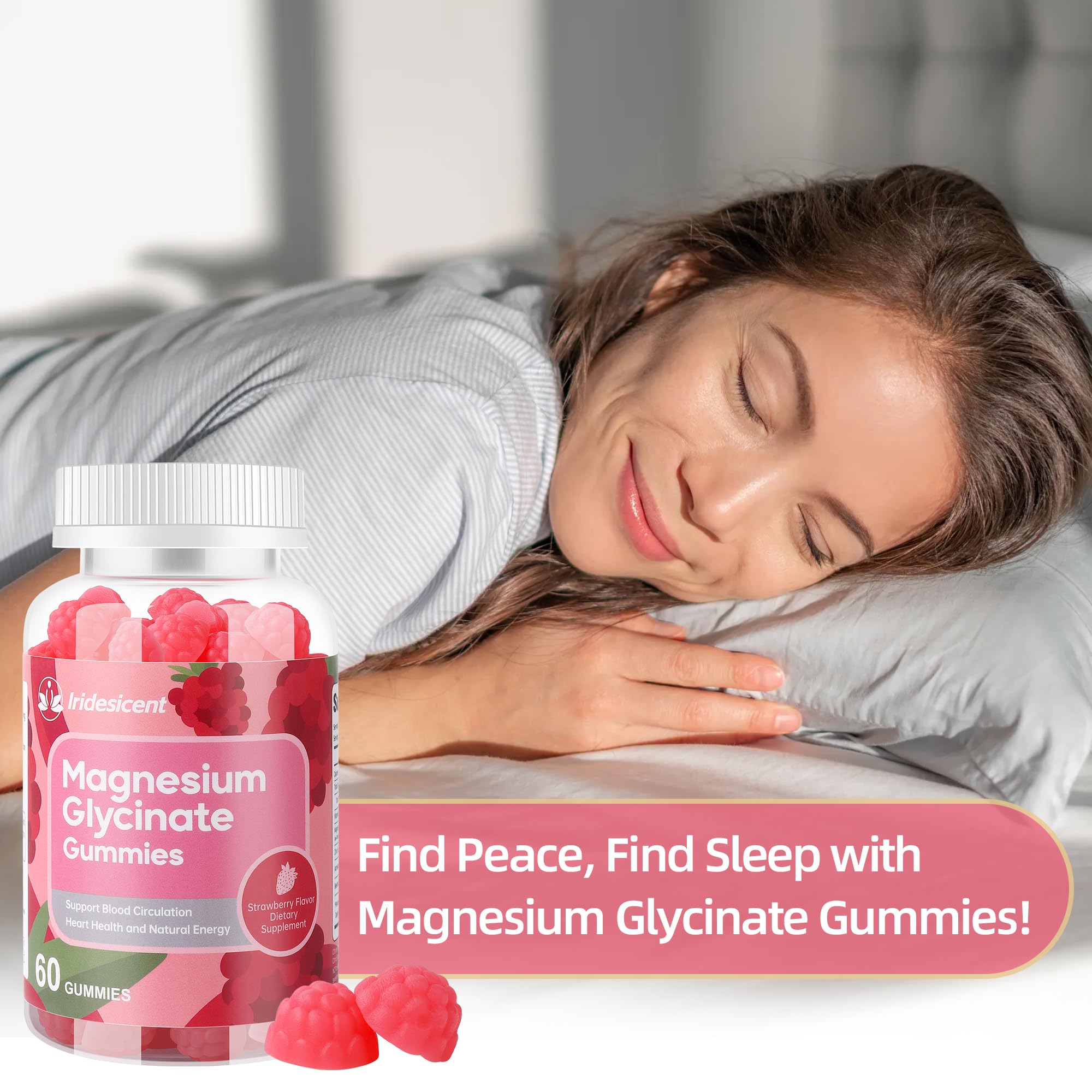 IRIDESICENT Vegan-friendly Magnesium Glycinate Gummies label for plant-based lifestyle.