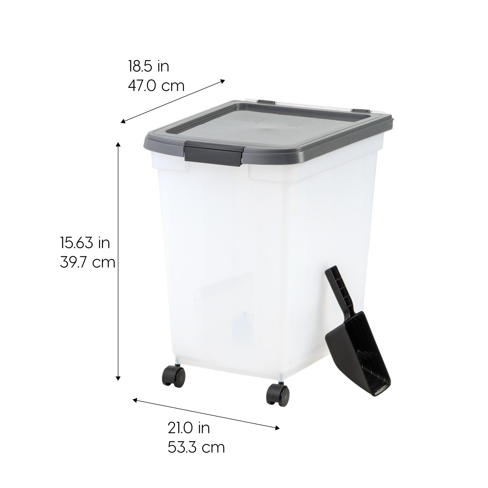 Airtight seal on IRIS USA container preserves dry pet food freshness.