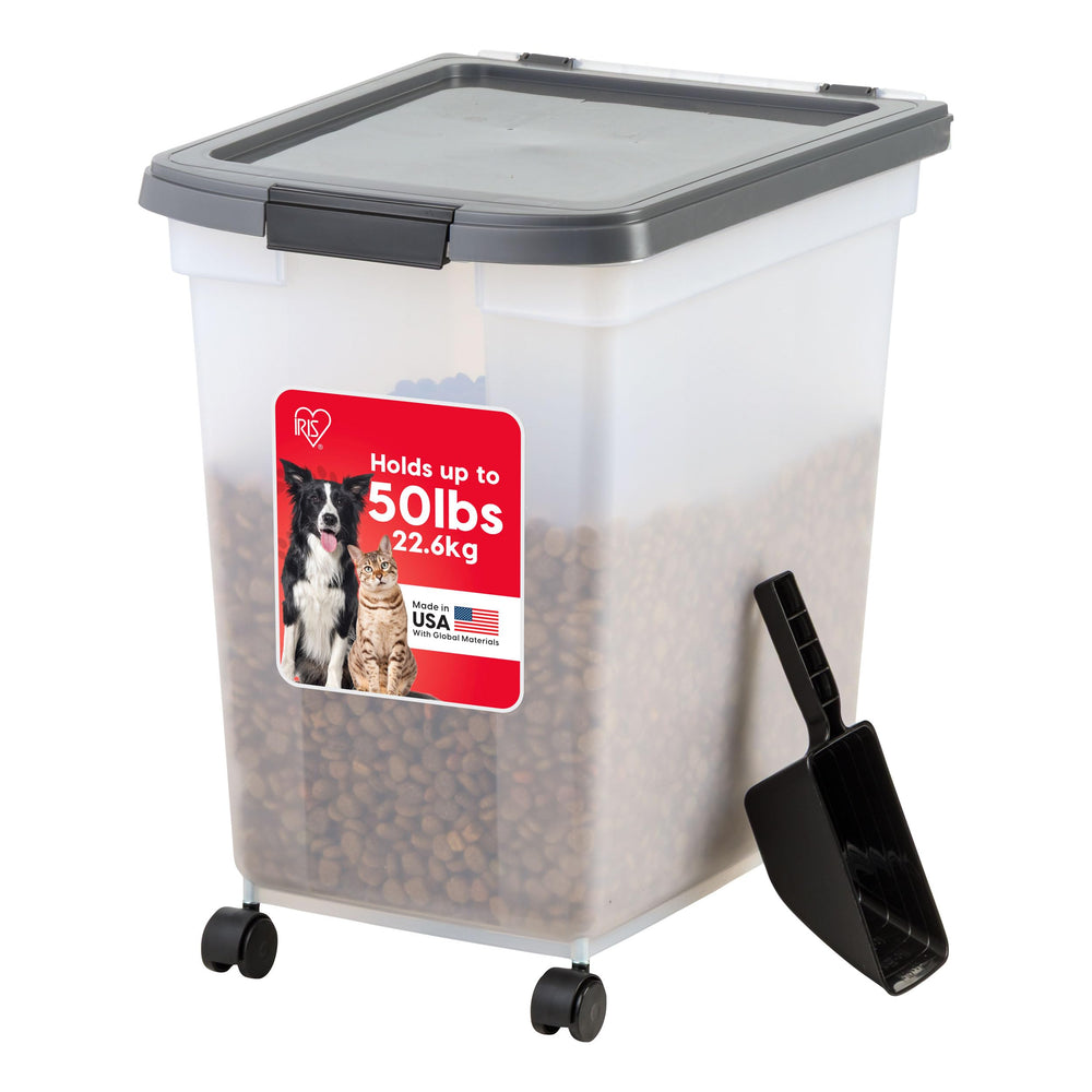 IRIS USA dog food container with rolling wheels for easy transport.