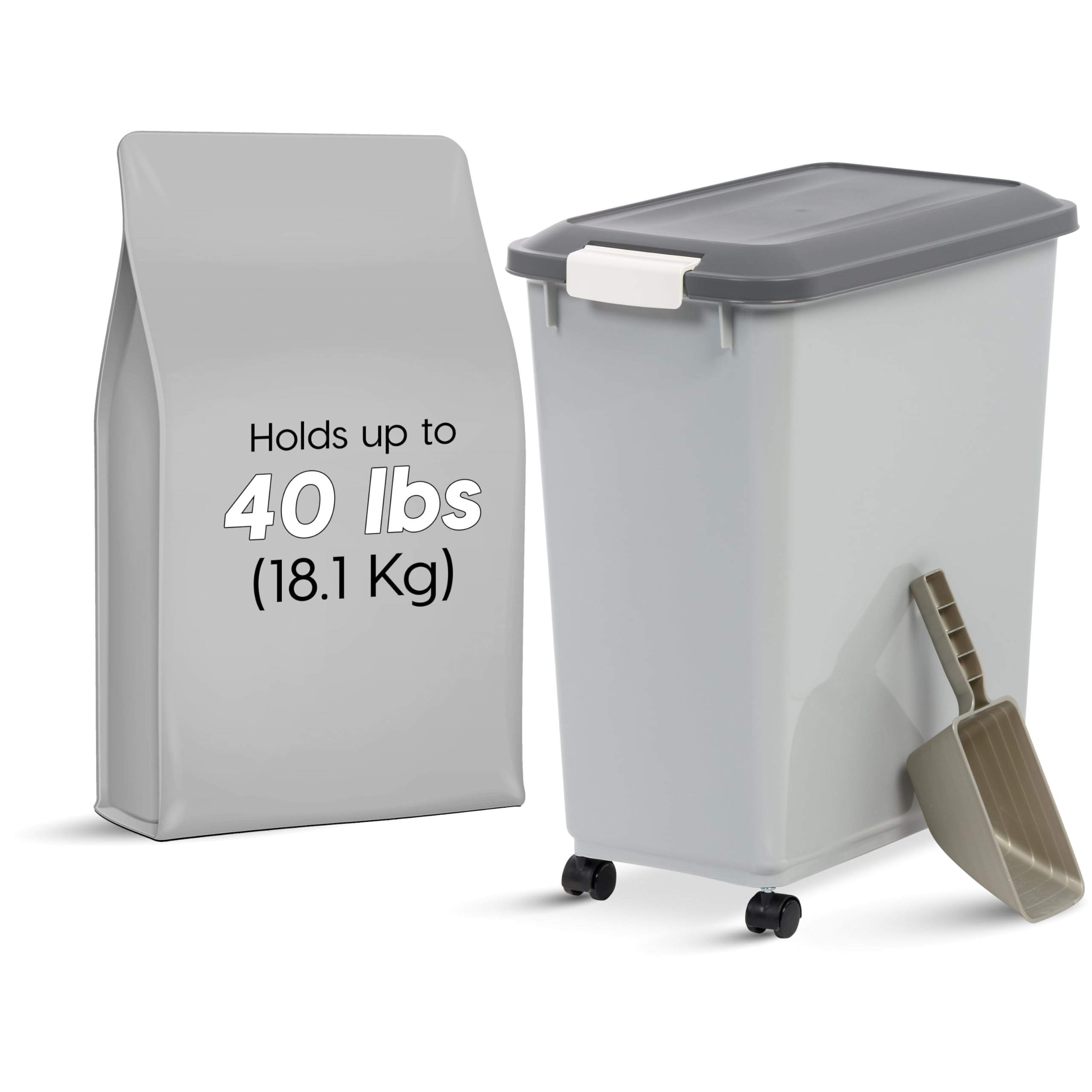 IRIS USA container with airtight lid keeps dry pet food fresh and protected from humidity.