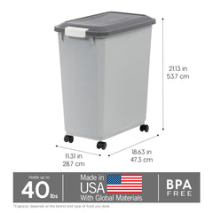 IRIS USA dog food storage container includes built-in 2-cup scoop for measured servings.