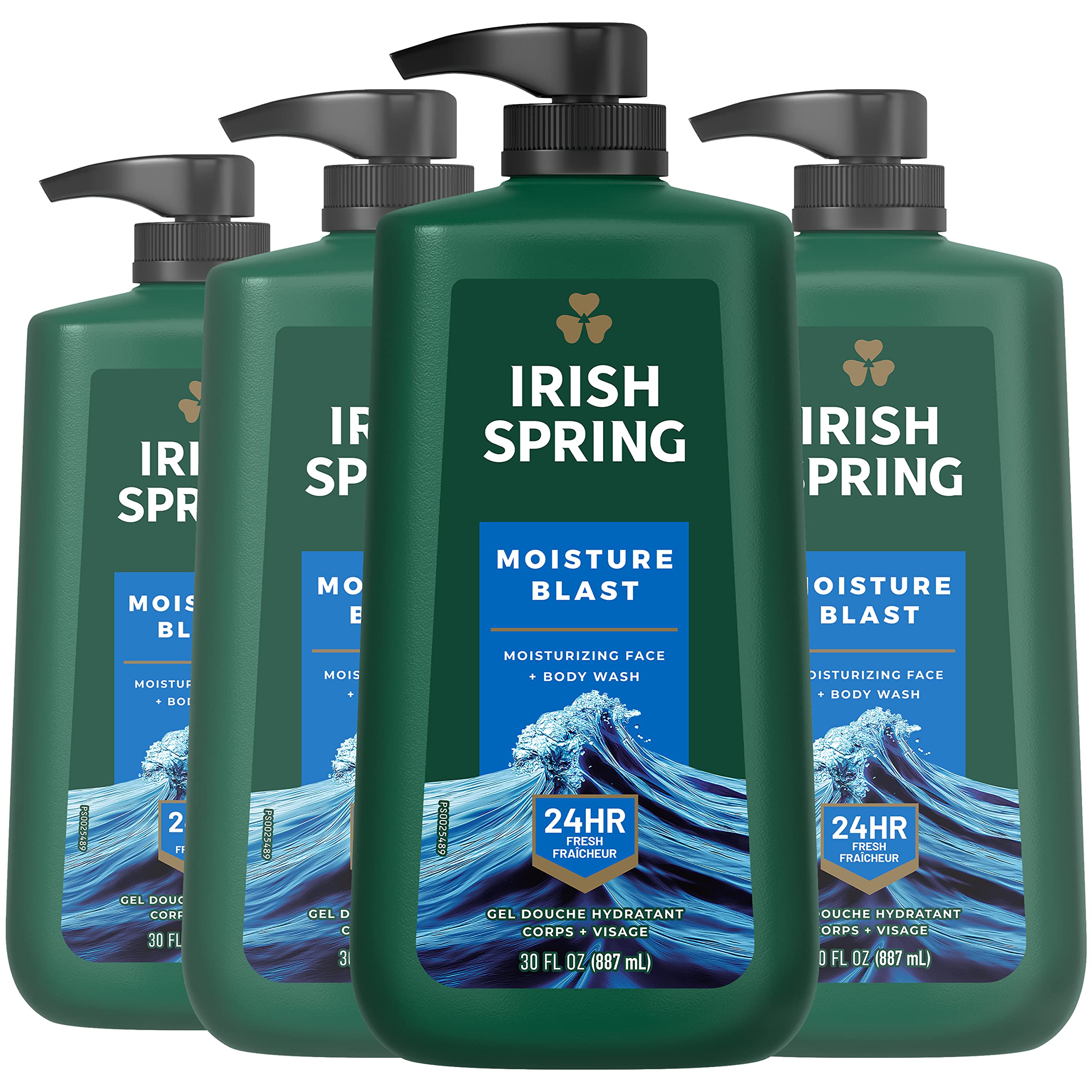 Irish Spring Moisture Blast bottle front view showing fresh scent
