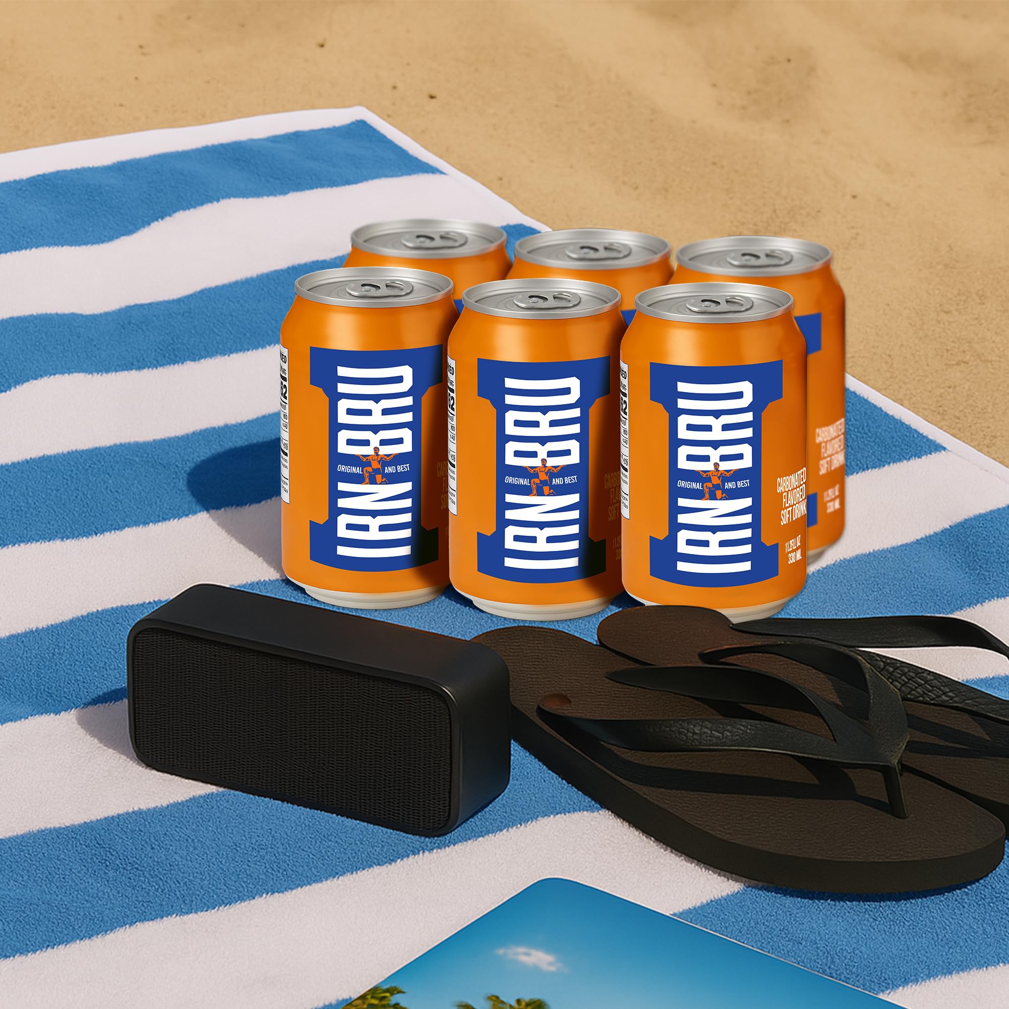 IRN-BRU Original citrus glass with ice showcases refreshing taste profile.
