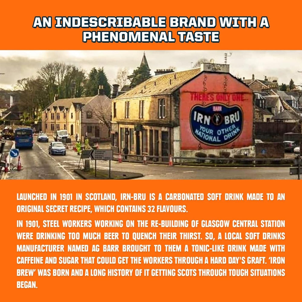 IRN-BRU Original citrus zest peel accent hints at flavor brightness.