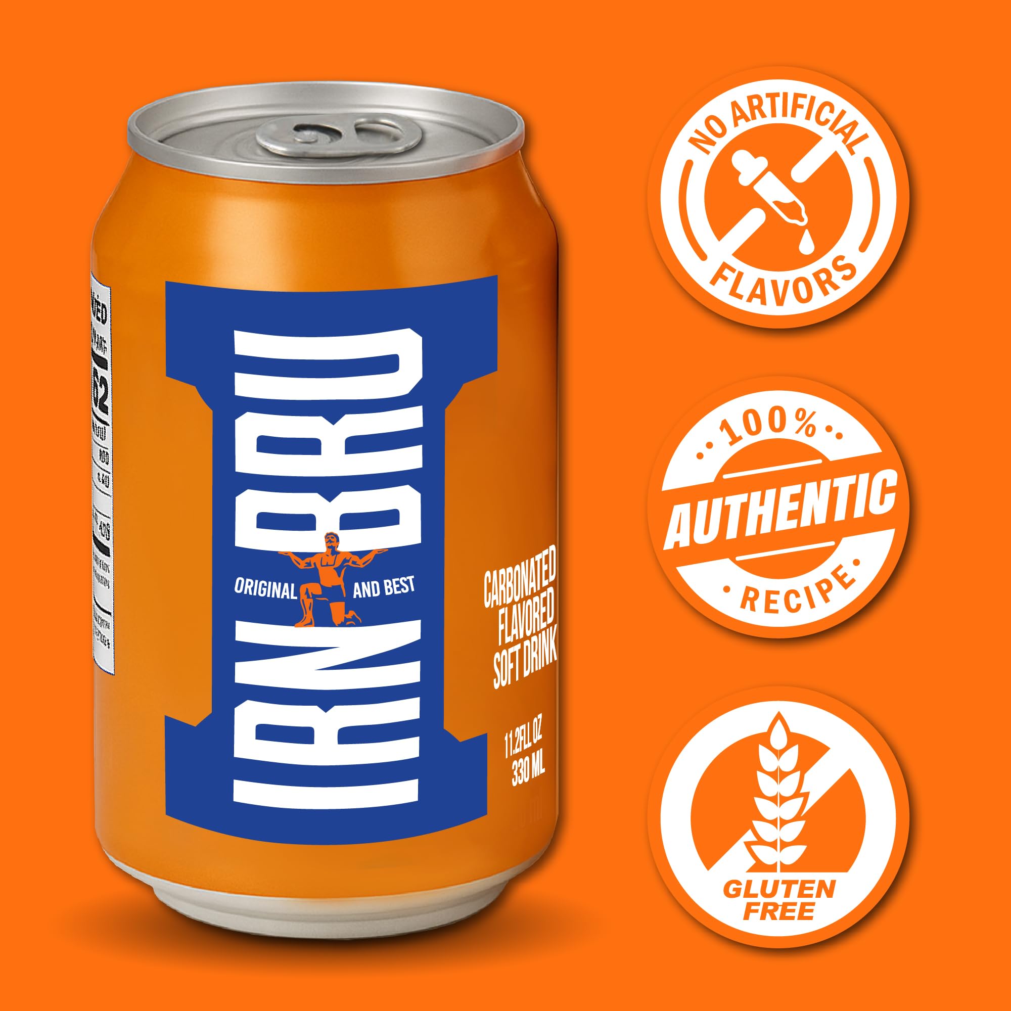 IRN-BRU Original Scottish recipe bottle label highlights heritage and flavor.