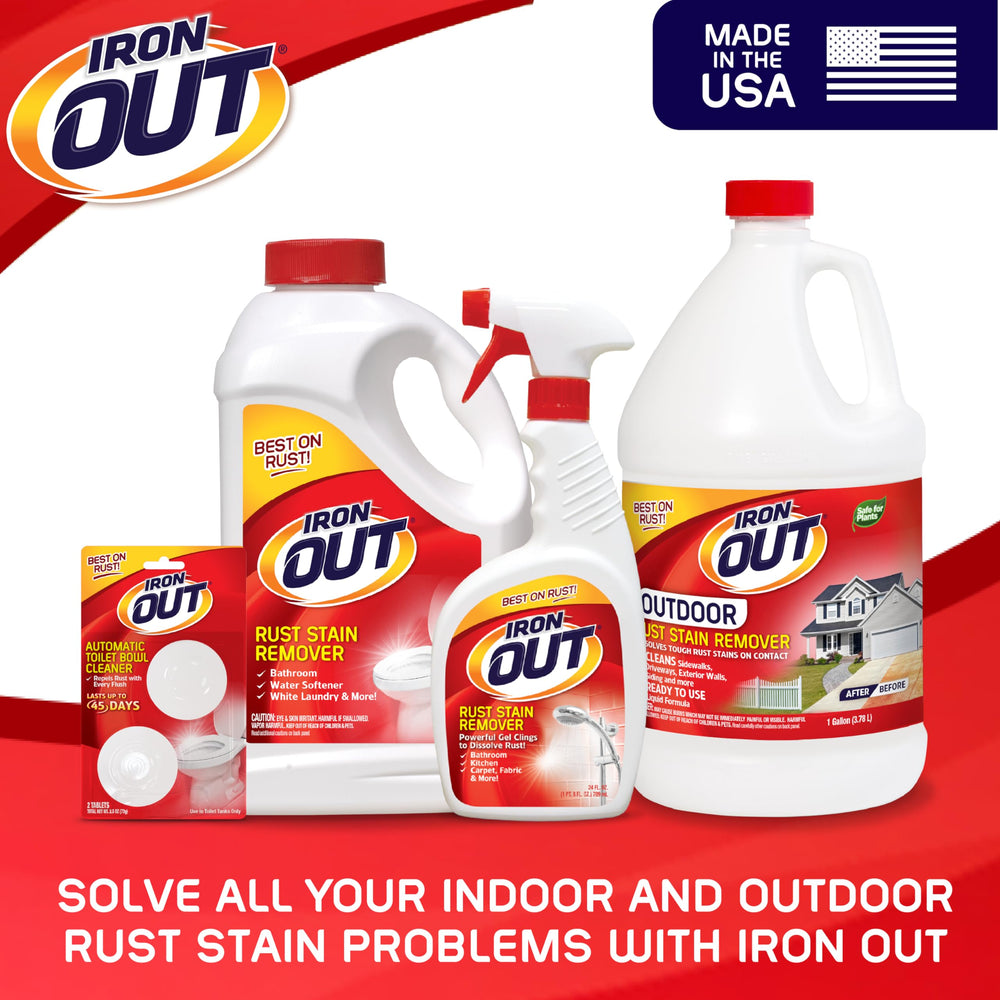 Iron OUT rust stain remover used on outdoor surface for rust-free results