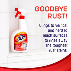 Iron OUT rust remover on tile demonstrates cling formula for hard-to-reach spots