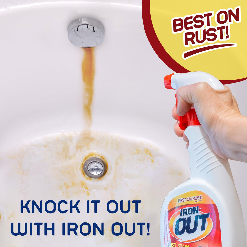 Iron OUT in a bathroom shower showing fast action without scrubbing