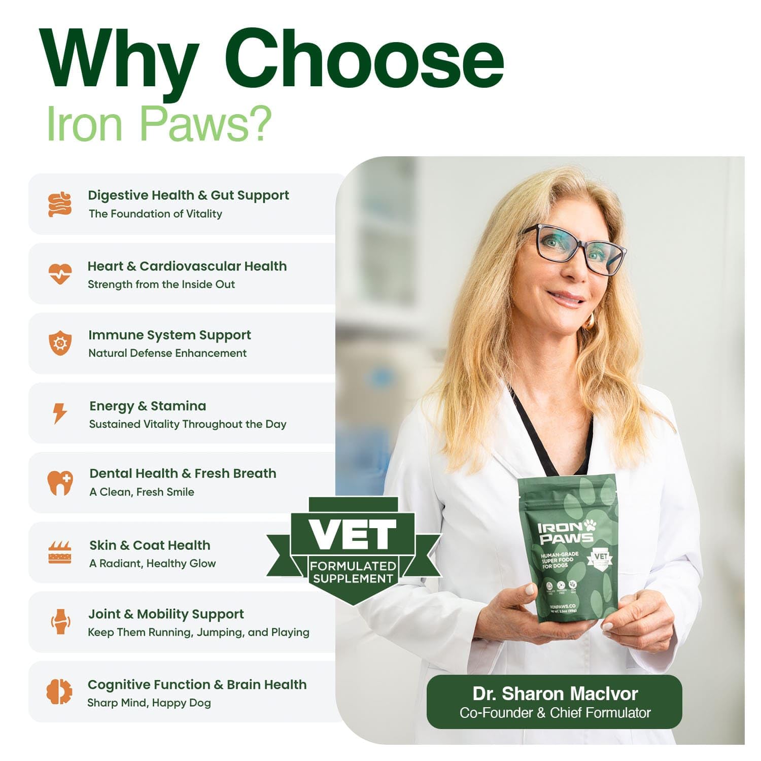 Iron Paws greens powder serves digestive health support for dogs