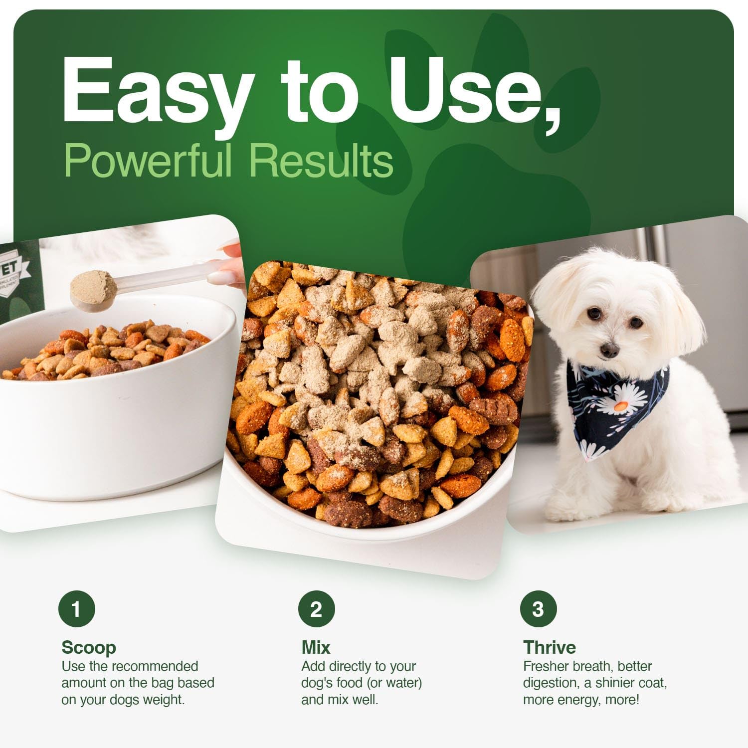 Iron Paws greens powder bottle highlights joint and hip support potential