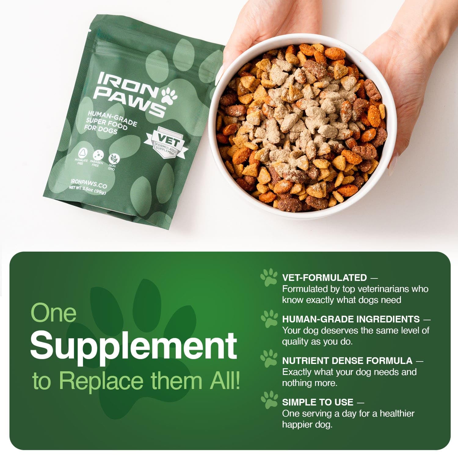 Iron Paws greens powder promotes skin and coat vitality