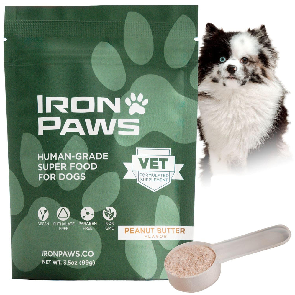 Iron Paws peanut butter greens powder bottle supports daily dog vitality