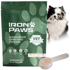 Iron Paws peanut butter greens powder bottle supports daily dog vitality