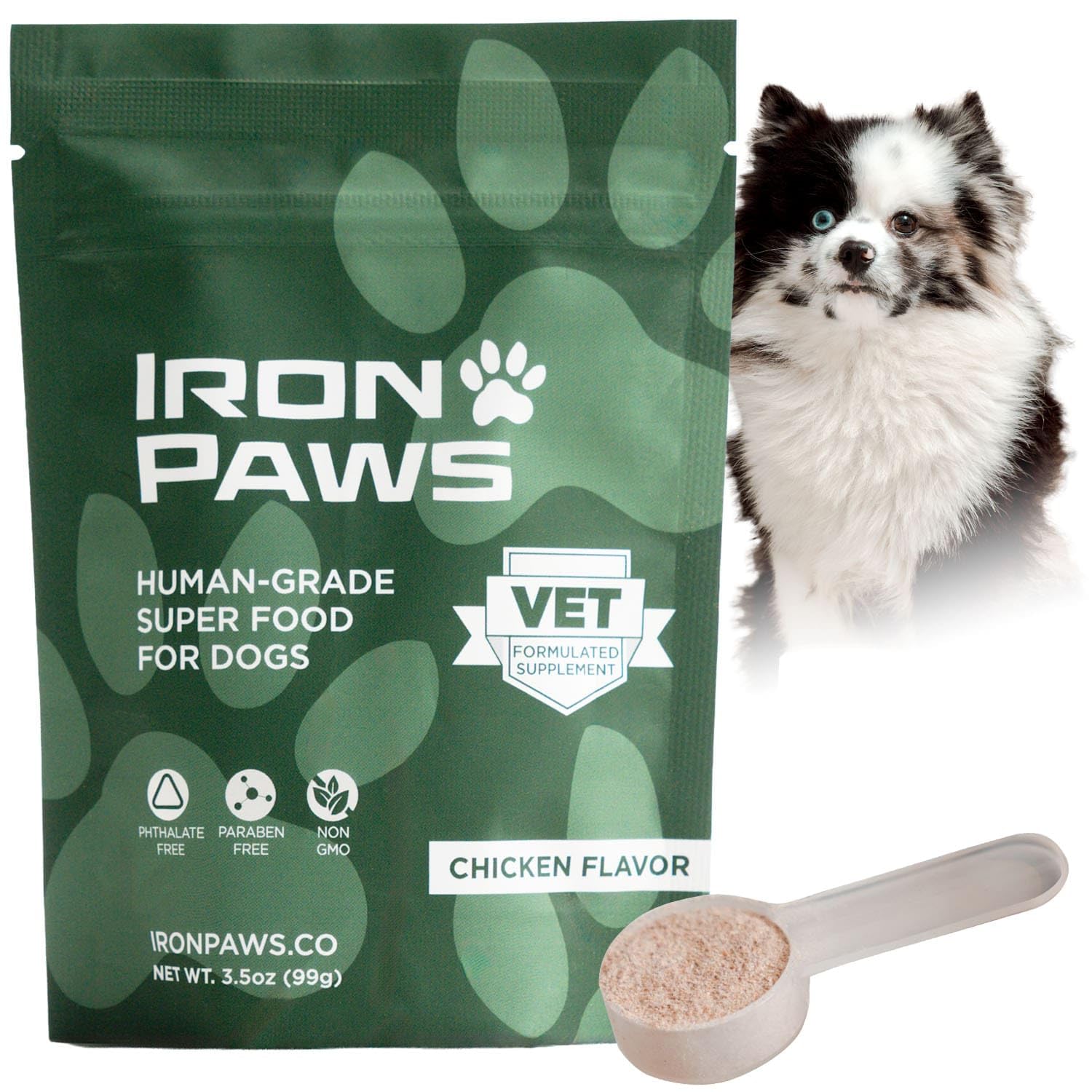 Iron Paws superfood powder front of tub highlighting nutrient-dense formula for dogs' daily vitality.