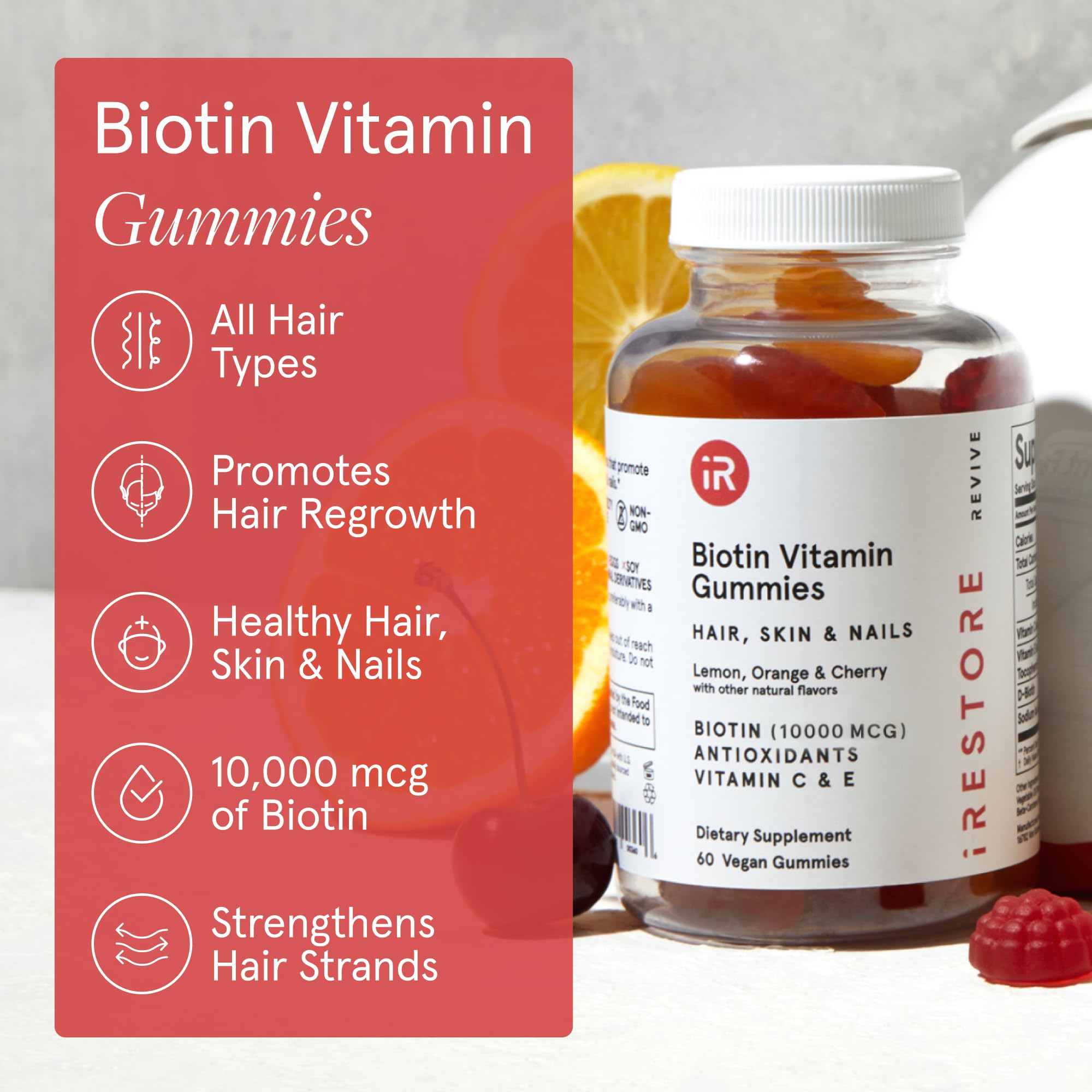 iRestore Biotin Gummies 60-count bottle implies a full 30-day supply.