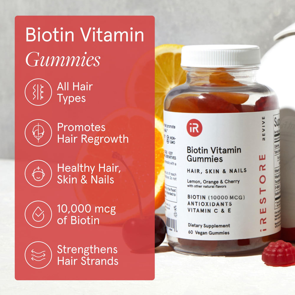 iRestore Biotin Gummies 60-count bottle implies a full 30-day supply.