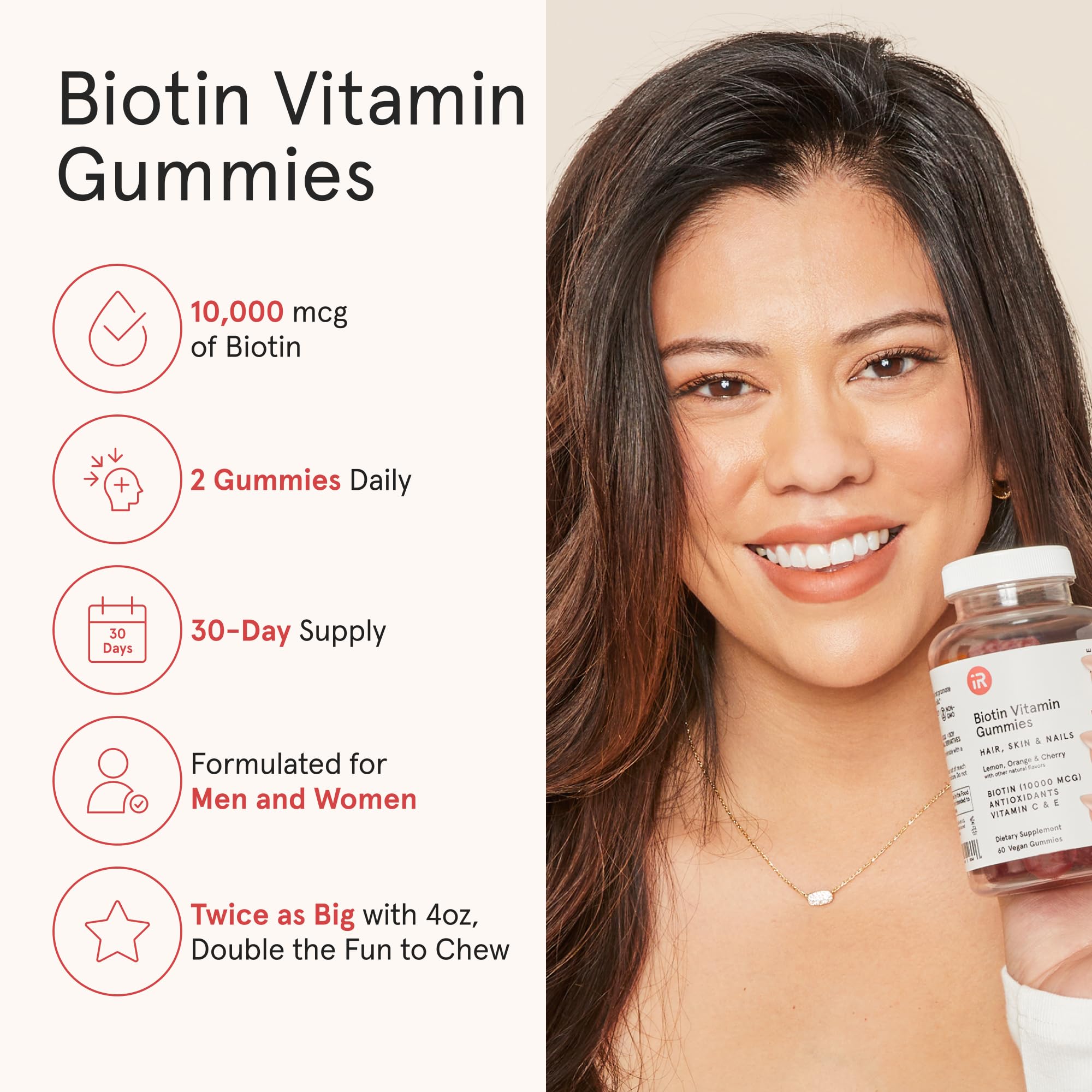 iRestore Biotin Gummies cherry bottle providing flavorful daily hair and nail nourishment.
