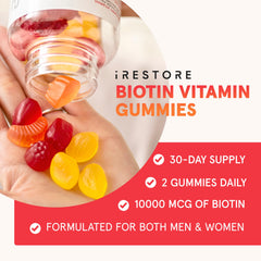 iRestore Biotin Gummies lemon bottle with zesty flavor for hair, skin, and nails.