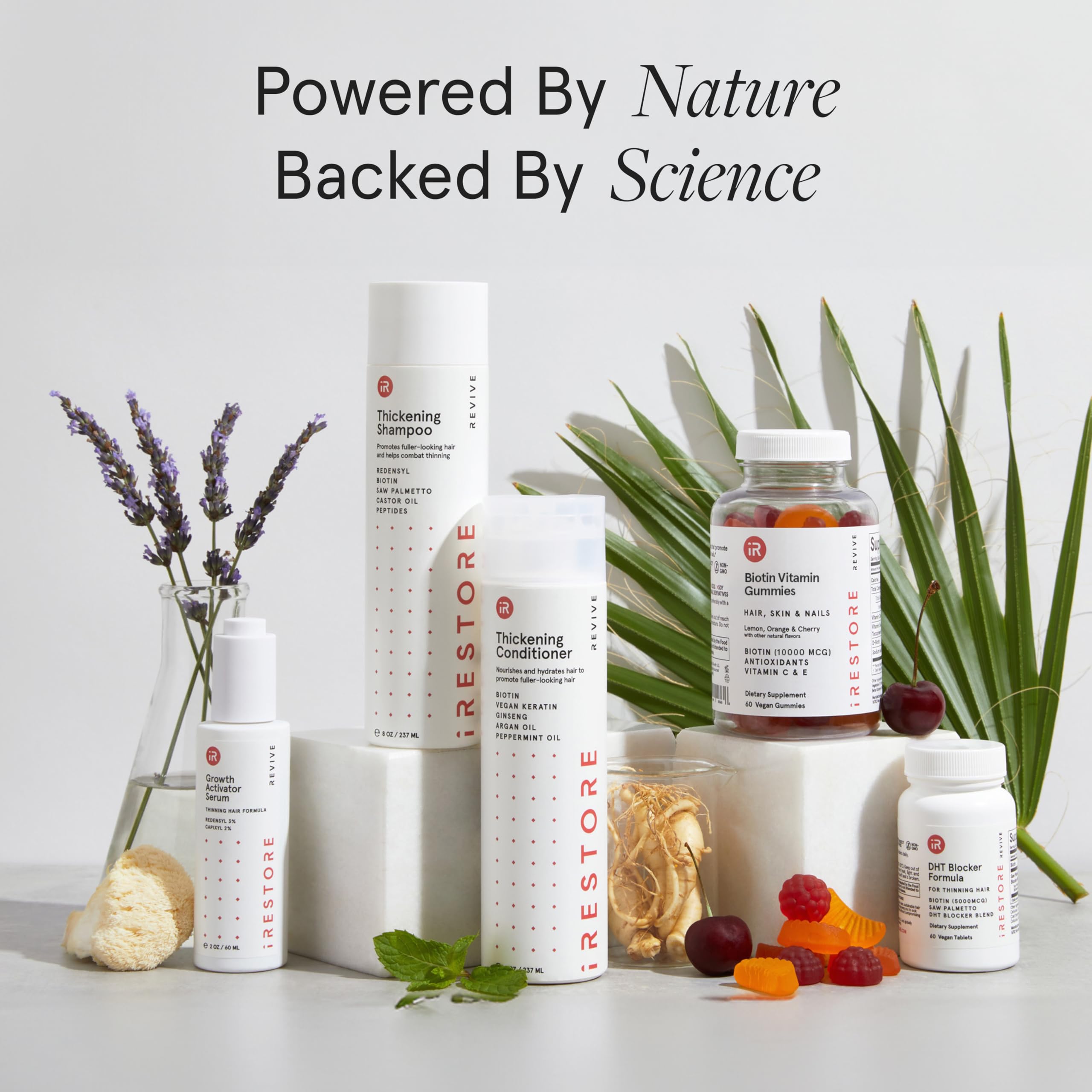 iRestore Biotin Gummies packaging box and bottle set with natural flavors emphasis.