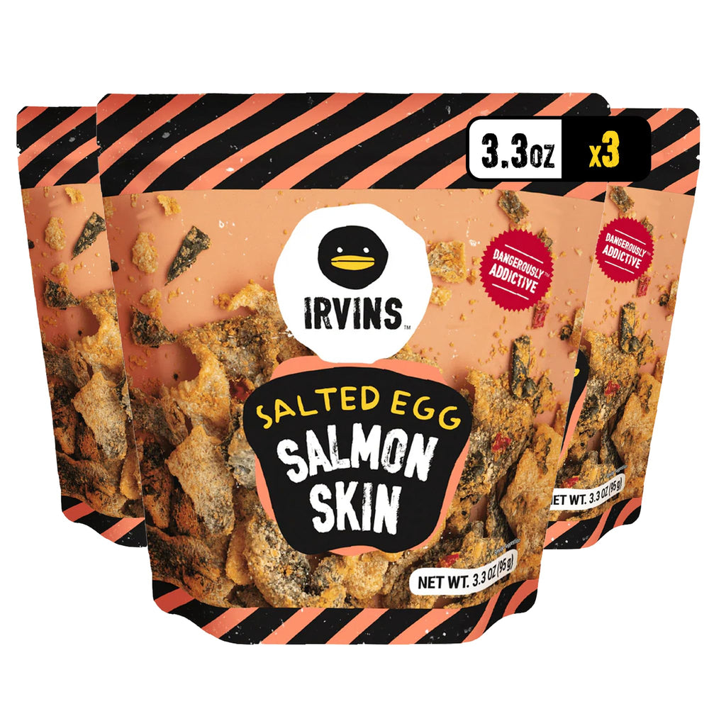 IRVINS Salted Egg Salmon Skin Chips pack-3 close-up shows premium hand-cooked crunch.