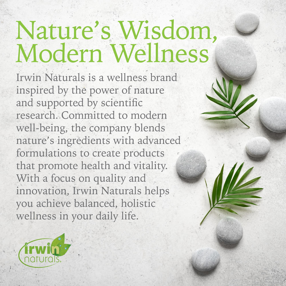 Irwin Naturals packaging with groceries demonstrates easy integration into a balanced lifestyle.