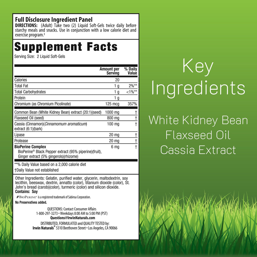 Close-up of Irwin Naturals carb blocker capsules for digestion and carb control.