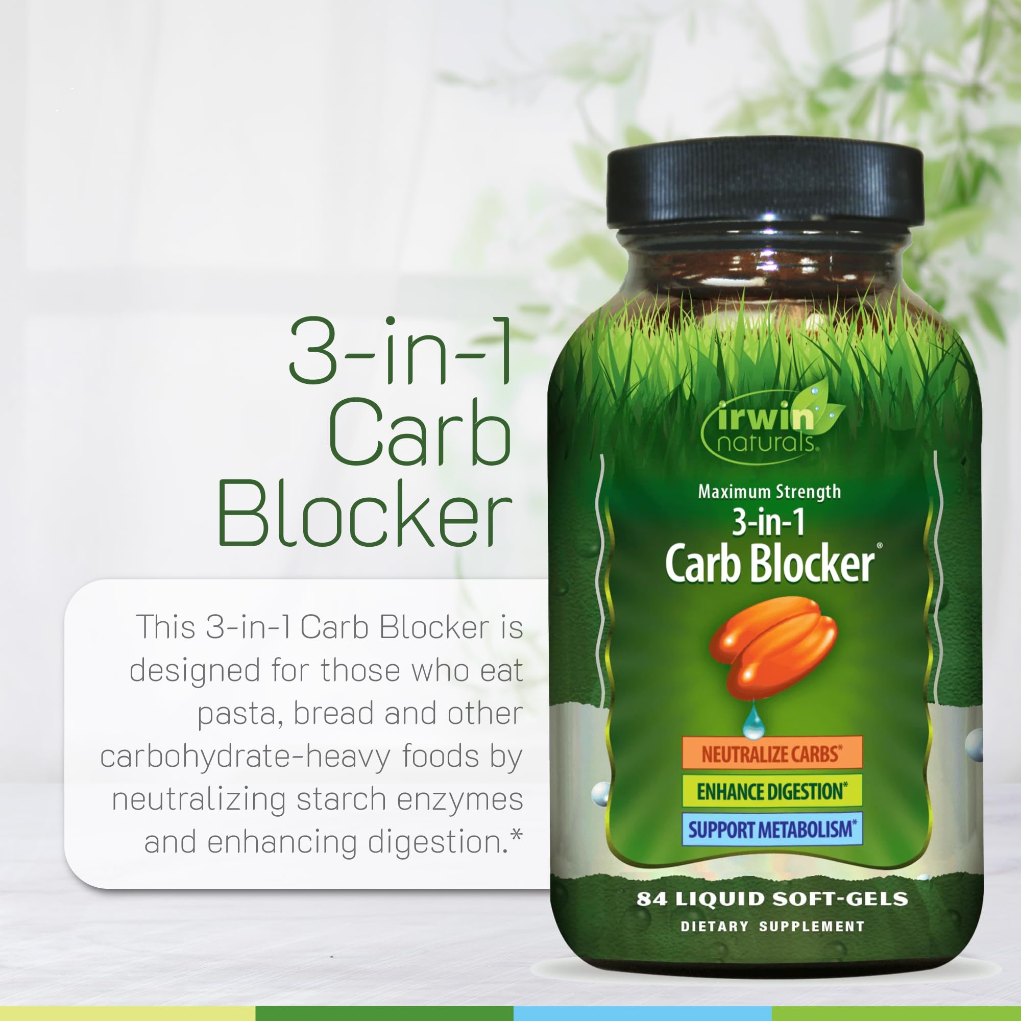 Irwin Naturals carb blocker capsules on a wood table for convenient daily use.