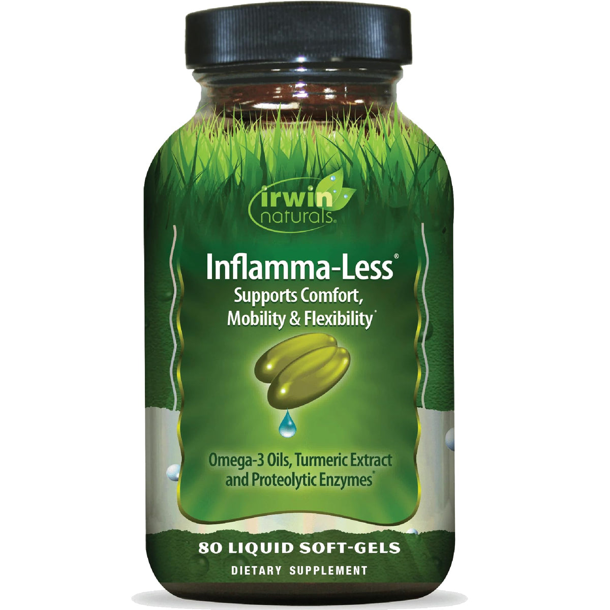 Irwin Naturals Inflamma-Less bottle close-up highlighting joint comfort support.