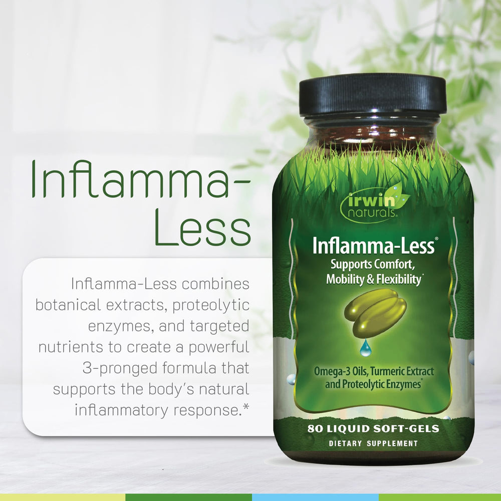 Irwin Naturals Inflamma-Less omega-3 softgels highlight marine nutrients for healthy balance.
