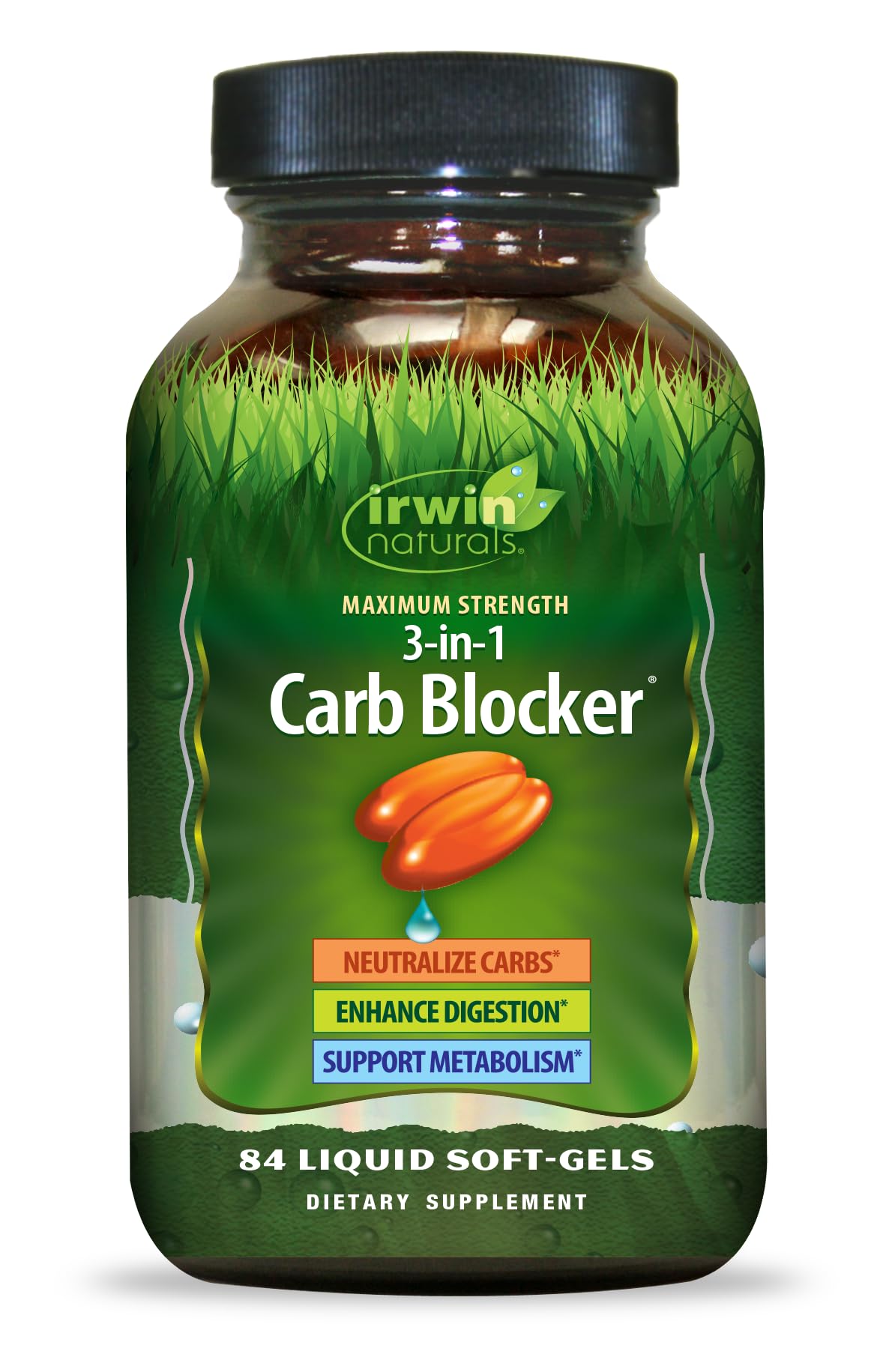 Irwin Naturals Maximum Strength 3-in-1 Carb Blocker bottle supports carb management during meals.
