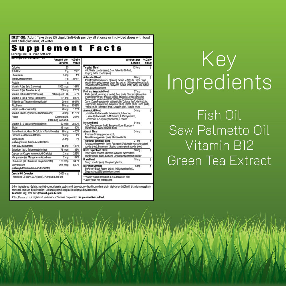Irwin Naturals Living Green label detail highlights 70+ nutrients