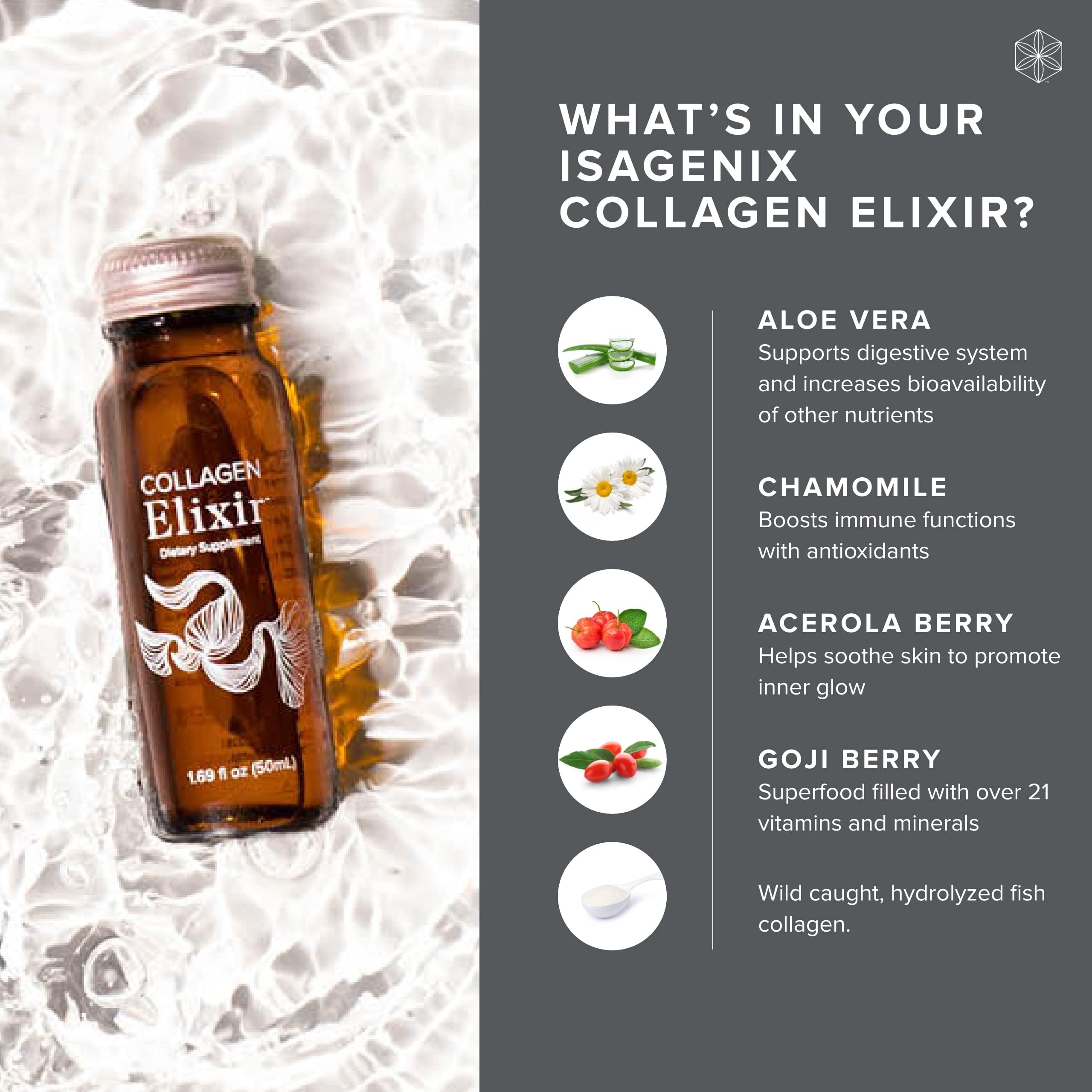 Isagenix Collagen Elixir single-serve 50ml cup ready to enjoy